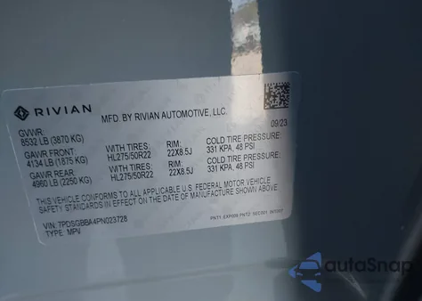 2023 Rivian R1S z USA, uszkodzony, nr VIN 7PDSGBBA4PN023728